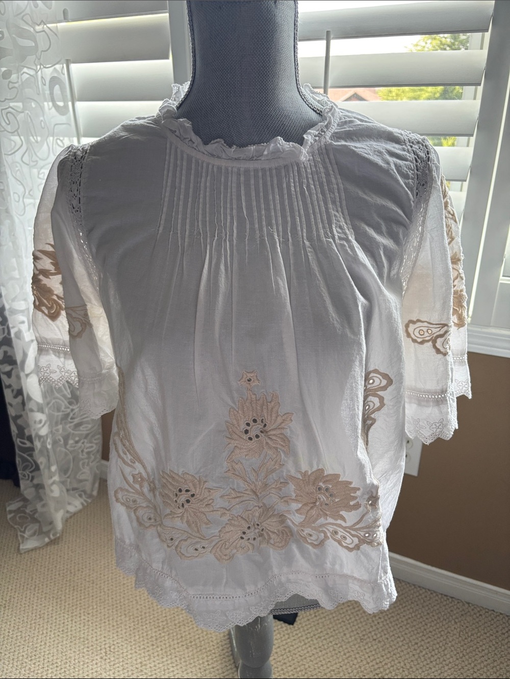 White Embroidered Floral Peasant Blouse with Beige Appliqué